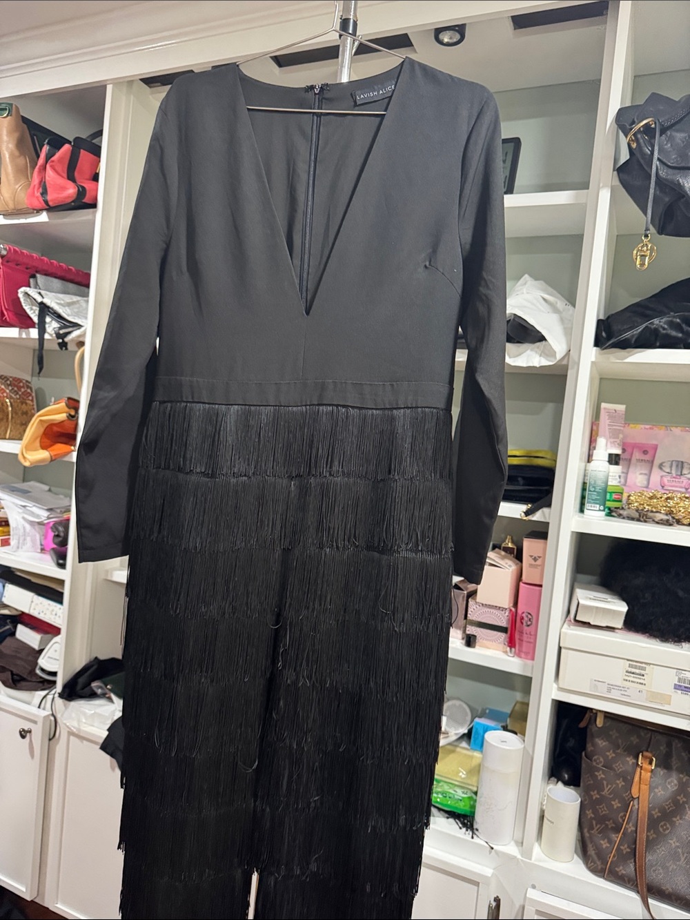 Lavish Alice Black Long-Sleeve Fringe V-Neck jumpsuit